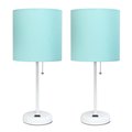 Diamond Sparkle White Stick Table Lamp with Charging Outlet & Fabric Shade, Aqua - Set of 2 DI2519776